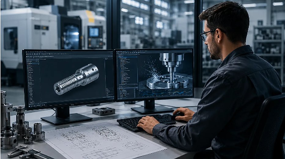 Engineer reviewing a part drawing and a CAD model on a dual-monitor workstation