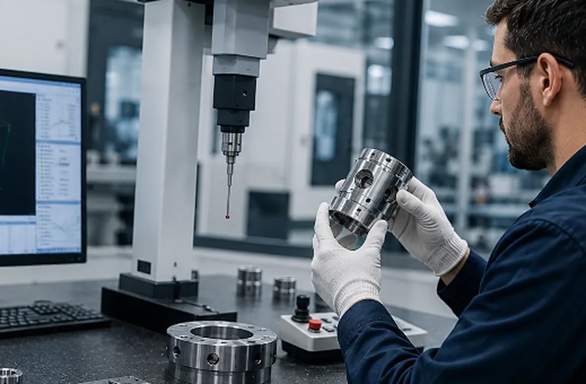 Inspector examining a machined part beside a coordinate measuring machine