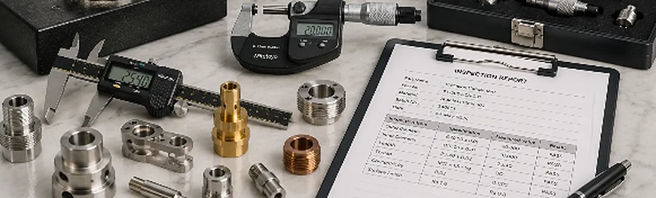 Digital caliper, micrometer, gauges and an inspection report beside machined parts