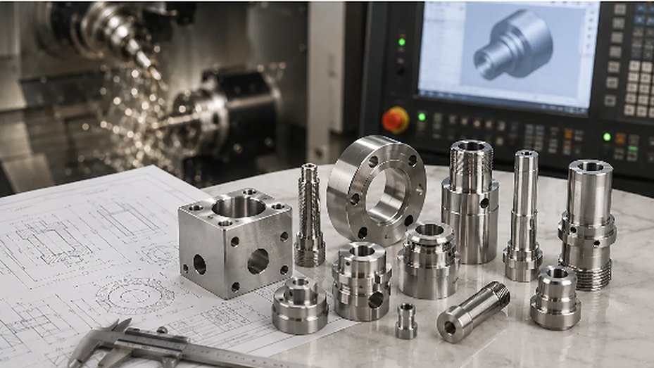 Machined sample parts laid on engineering drawings beside a vernier caliper